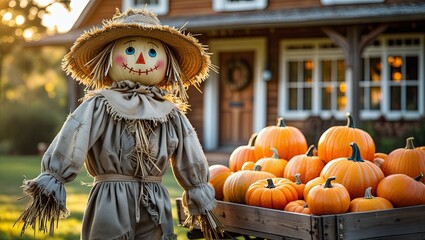 Obraz premium A scarecrow with a pumpkin head stands in an autumn field, with a warm and cozy cottage softly glowing in the background