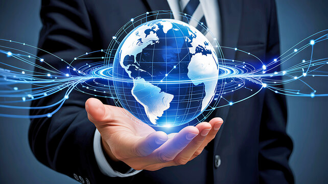 Businessman holding a glowing digital Earth in his hand, symbolizing global business, connectivity and modern technology.