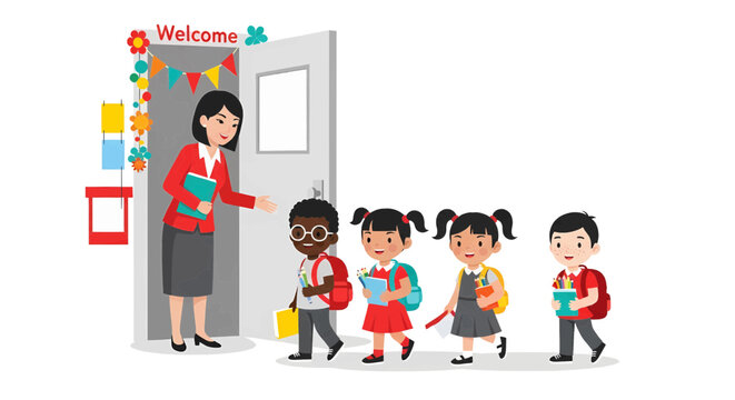 Teacher welcoming a diverse group of elementary students into the classroom on the first day of school.