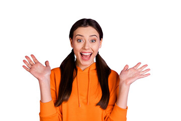 Portrait of astonished cute funky millennial girl hear incredible news information scream wow omg...