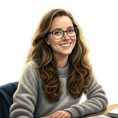 Obraz premium Smiling young woman with glasses and long wavy brown hair isolated on transparent background