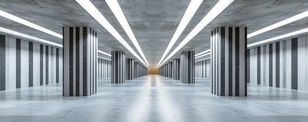 Empty shopping mall underground parking lot with concrete-striped painted columns, creating a clean, geometric backdrop for architectural photography, Generative AI
