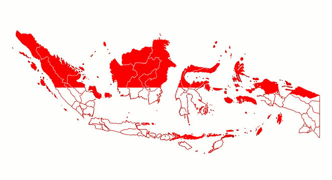 Map of Indonesia filled with the national flag's red and white colors. A patriotic symbol of the Southeast Asian archipelago.