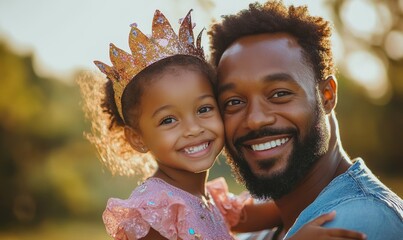Black father and daughter in fancy dress as fairy princesses. The image emphasizes family bonding and the importance of inclusion and diversity in Father's Day celebrations, Generative AI