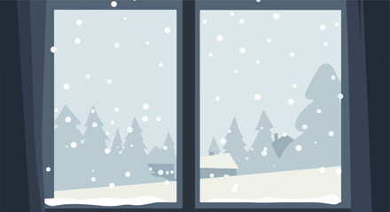 Winter scene through the window, with snow falling over trees and houses