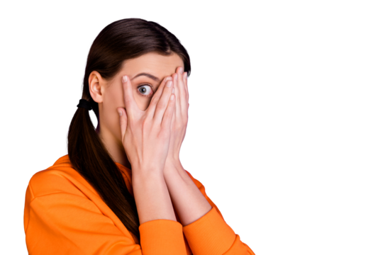 Close up photo of impressed horrified girl close cover hands palms her face eyes feel fear after looking film series wear sportswear isolated over violet purple color background