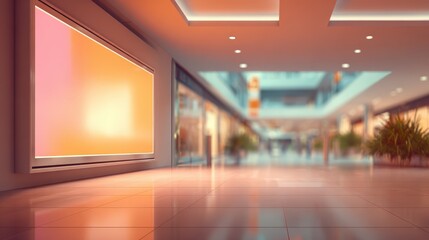 Shopping Mall Interior with Large Billboard Display, Modern Retail Space, and Blurry Shoppers for Mockup