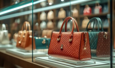 Close-up of exquisite handbags in a boutique, showcasing fine details and luxurious designs in a carefully curated retail space, Generative AI