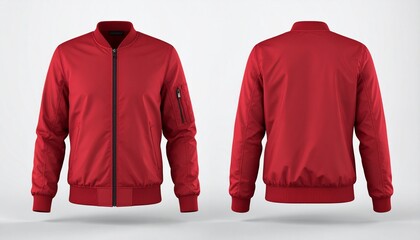 Stylish red bomber jacket mockup with front and back views. Blank apparel template.