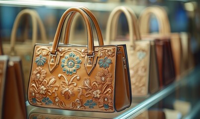 Close-up of exquisite handbags in a boutique, showcasing fine details and luxurious designs in a carefully curated retail space, Generative AI