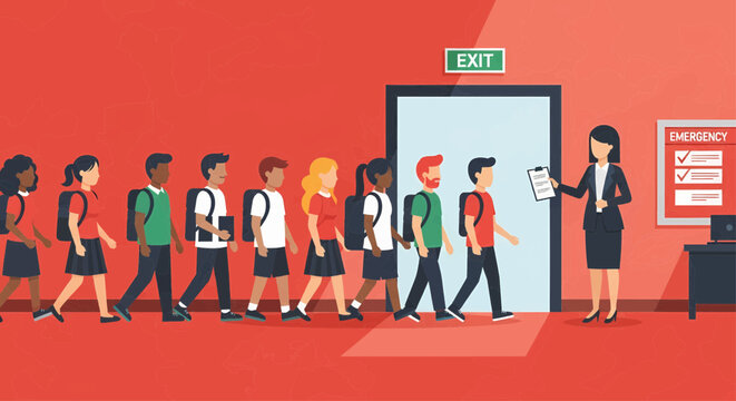 School children participating in an emergency evacuation drill, lining up to exit the classroom with a teacher supervising for safety.
