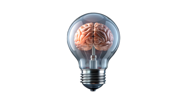 Brain inside a light bulb, symbolizing idea, innovation, and intelligence isolated on transparent background, representing creativity and inspiration