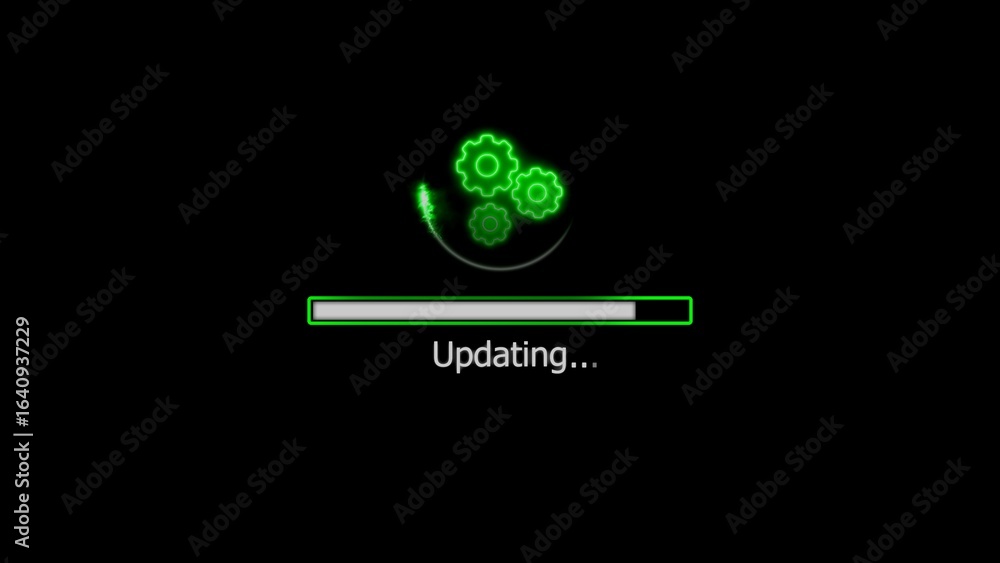 Poster animated green update progress bar with rotating gears against a black background