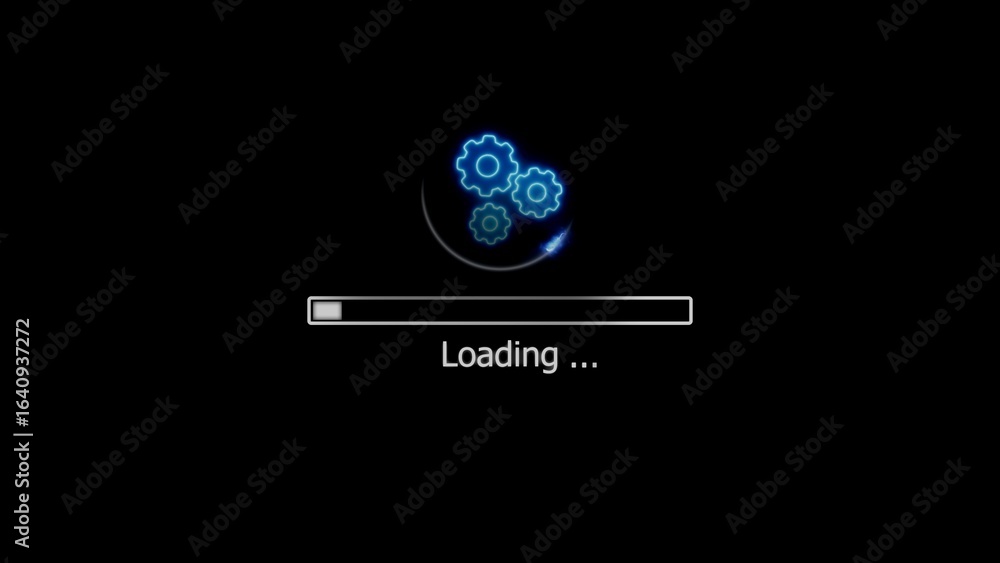 Poster animated loading screen with neon gear cogs and progress bar against black background