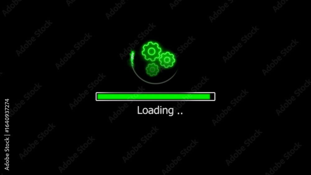 Aufkleber green neon loading animation with progress bar and animated gear icons on black background