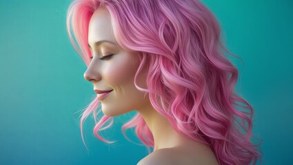 Obraz premium Side view of a woman with softly textured pink hair set against a teal backdrop