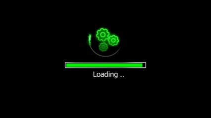 Green neon loading animation with progress bar and animated gear icons on black background