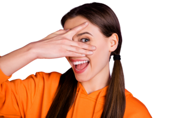 Close up photo of positive cheerful content youth girl cover close her face eyes palms enjoy rest play hide-and-seek wear orange sportswear with hood isolated over violet purple background