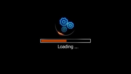 Animated loading screen with glowing gears and progress bar on a dark background