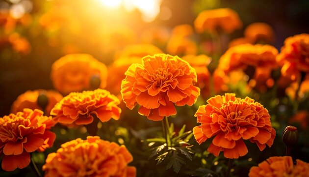 Vibrant orange flowers bask in warm sunlight, creating a bokeh effect - Powered by Adobe