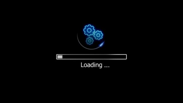 Animated loading screen with neon gear cogs and progress bar against black background