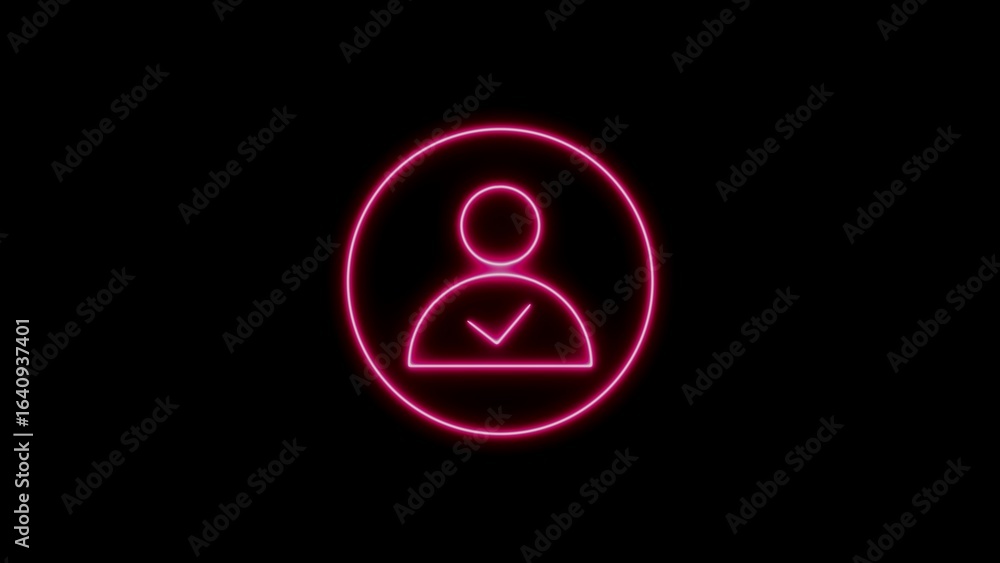 Poster neon user icon illustration depicting profile confirmation with check mark on black background
