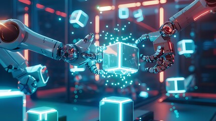 Fototapeta premium Realistic simulation of AI data mining shown as robotic arms rearranging light-filled data blocks in 3D .