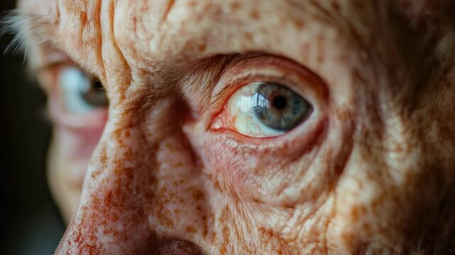 A detailed view of an elderly individual's eye, with wrinkles and creases
