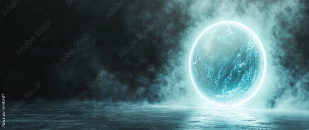 Aufkleber a glowing egg radiates with blue light while sitting on a circular platform. ethereal mist surrounds