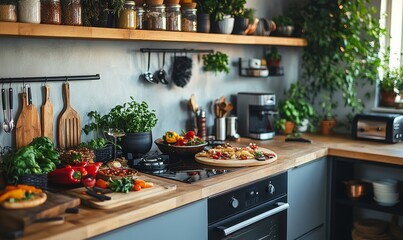 kitchen counter filled with food, cooking tools, and appliances, offering a warm and homely atmosphere in a modern cooking space, Generative AI