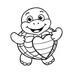 Happy Smiling Turtle Holding Heart Coloring Page Black and White Line Art Vector