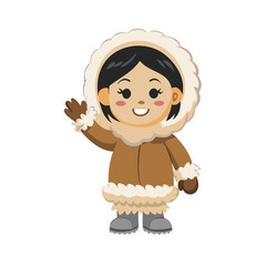 Cute Happy Inuit Girl Waving in Traditional Fur Parka or Anorak Cartoon Vector © Vectors New World