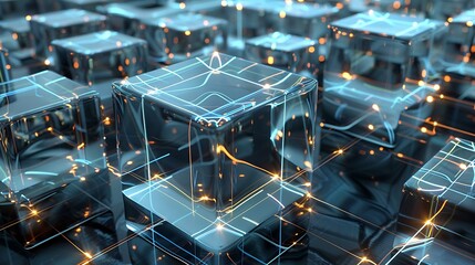 Seamless digital infrastructure shown as futuristic transparent cubes connected through glowing fiber optic lines .