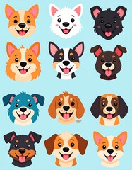 Twelve cheerful cartoon dog faces, various breeds, light blue background