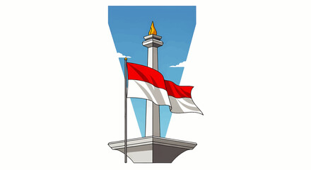 Fototapeta premium Illustration of the National Monument landmark in Jakarta, Indonesia, with the waving red and white flag against a blue sky