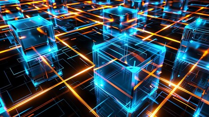 Seamless digital infrastructure shown as futuristic transparent cubes connected through glowing fiber optic lines .
