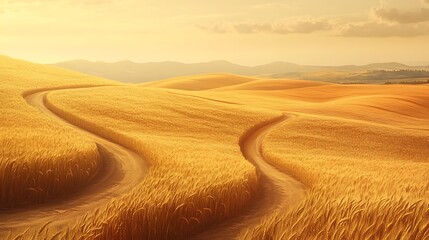 Naklejka premium Winding Path Through Golden Wheat Field at Sunset Rural Countryside