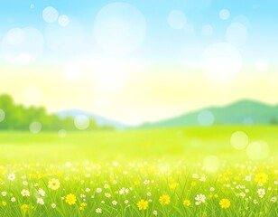 Obraz premium Vibrant green field of wildflowers under a bright, bokeh-filled sky
