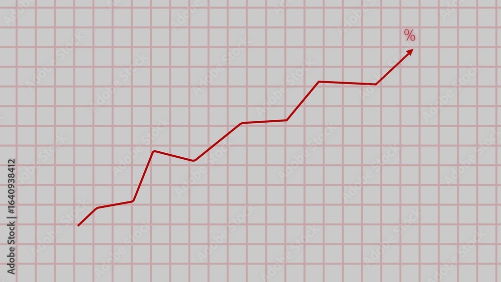 Poster upward trending red line chart with percentage symbol on a grey grid backdrop