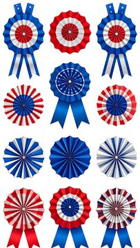 Twelve patriotic rosettes in red, white, and blue, some with ribbons