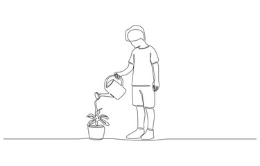 Continuous one line drawing of child watering potted plant, symbolizing care, growth, responsibility, and nurturing nature, single line art