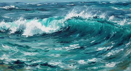 Obraz premium Expressive Teal Ocean Wave Painting: Impasto Texture, Whitecaps, Dynamic Brushstrokes