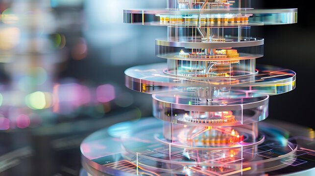 Stack of layered transparent data modules interacting with holographic interfaces, appearing like a data warehouse system in motion .