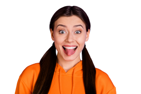 Close up photo of funny funky cheerful teen girl with her tongue-out want be real comedian have free time weekends wear sportive wear isolated over purple violet color background