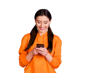 Portrait of positive cheerful youngster use her cellphone follow blogs bloggers wear sporty wear hood isolated over violet purple color background