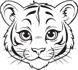 Tender Tiger Cub's Gaze: A delicate line art illustration of a captivating tiger cub's face, portraying innocence and charm, with its expressive eyes capturing the viewer's heart.