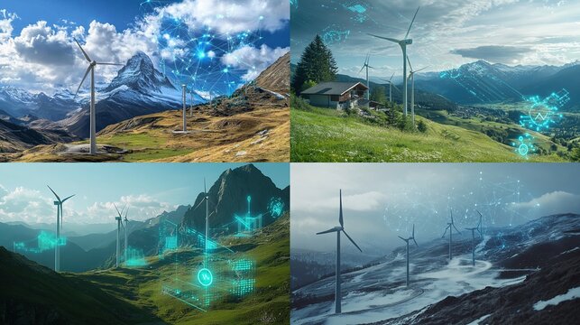 Four scenic quadrants depict wind turbines in diverse mountainous landscapes, overlaid with abstract teal digital network graphics, suggesting clean energy and technological integration