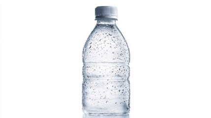 Naklejka premium Clear Plastic Bottle of Fresh Water with Condensation Against a White Background