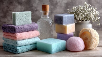 Spa-like bath items on a light wood surface