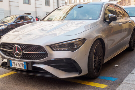 Modern Mercedes CLA Shooting Brake parked on a city street, showcasing its sleek design and luxury features